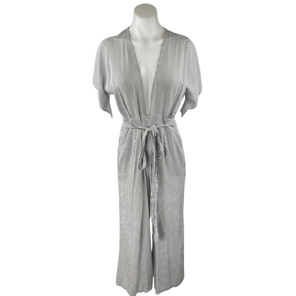 Skylar + Madison White Black Striped Short Sleeve Plunging Wide Leg Jumpsuit M